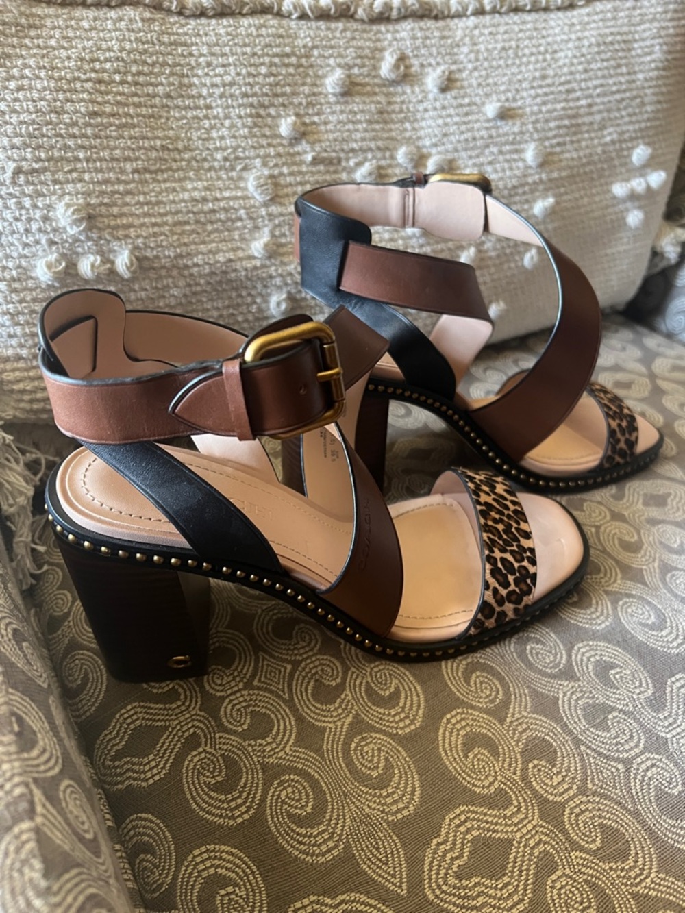 Coach Brown, Black & Leopard Print Block Heel Sandals